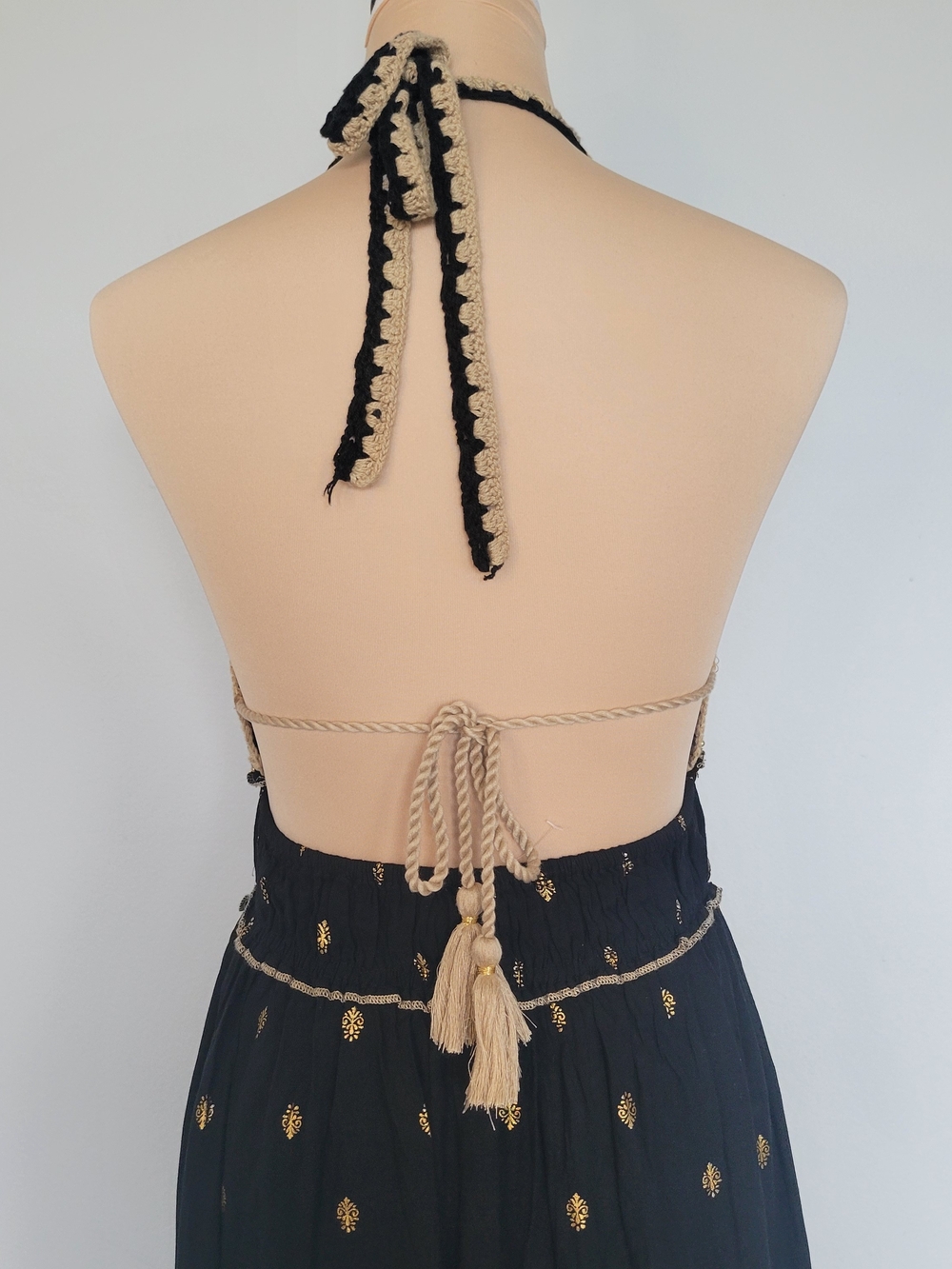 NWT Crochet Boho Coquette Bohemian Black Gold Tiered Maxi Dress Sz Large/XL - Picture 12 of 16
